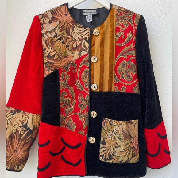 Indigo Moon Jackets & Blazers - Vintage Indigo Moon Artsy Red Floral Embroidered Patchwork Jacket Blazer Small